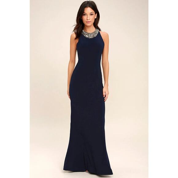 Lulus Pledging My Love Navy Blue Beaded Maxi Dress Womens Large Formal Gown Zip - Picture 1 of 7